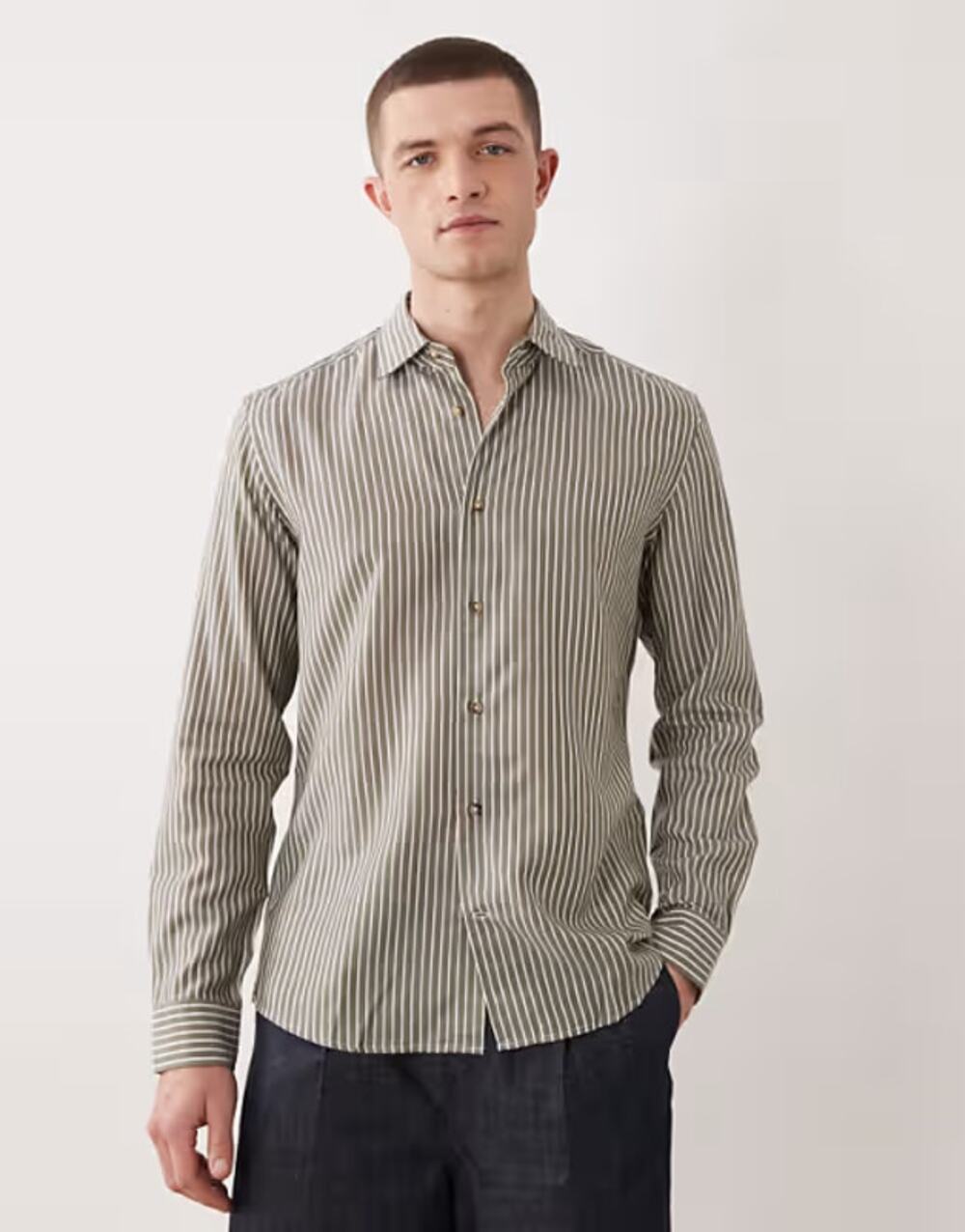 NEW MNG Mango Button Down Shirt Men's Green Striped Long Sleeve Size M